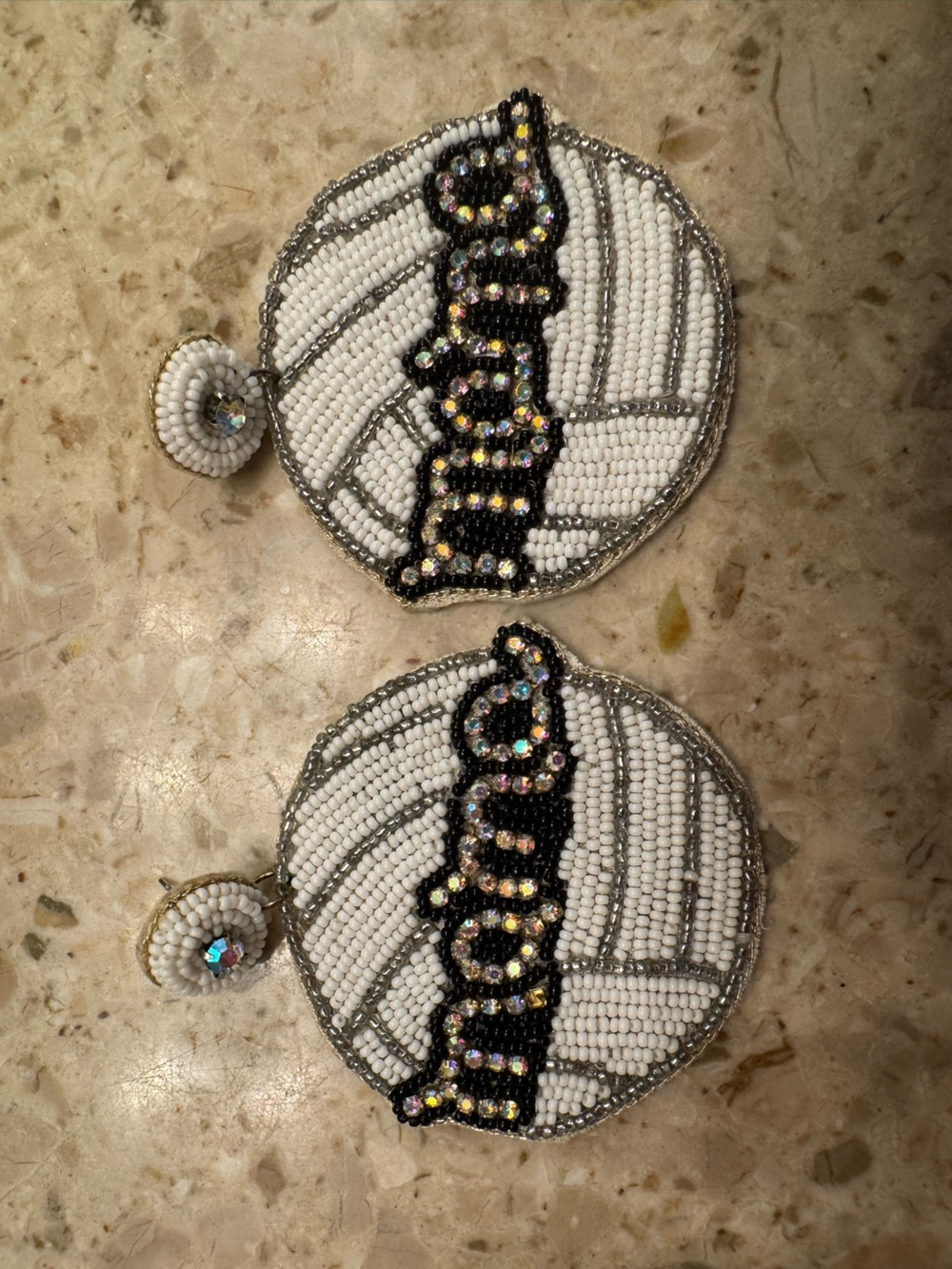 Beaded Volleyball Statement Earrings in White with Iridescent Accents